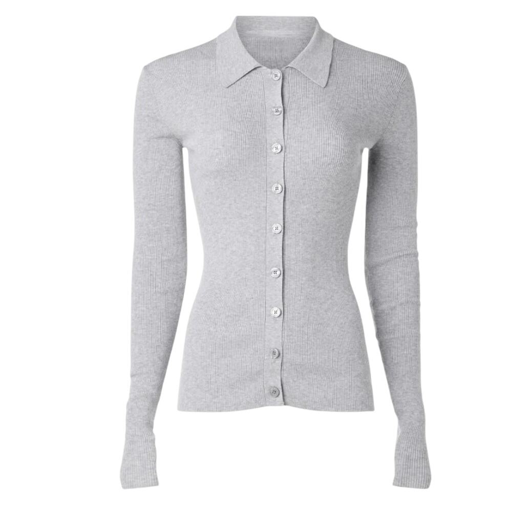 Michael Kors Gray Polo Sweater LARGE Fitted Cardigan Preppy Silk Cotton $300 - Picture 7 of 11